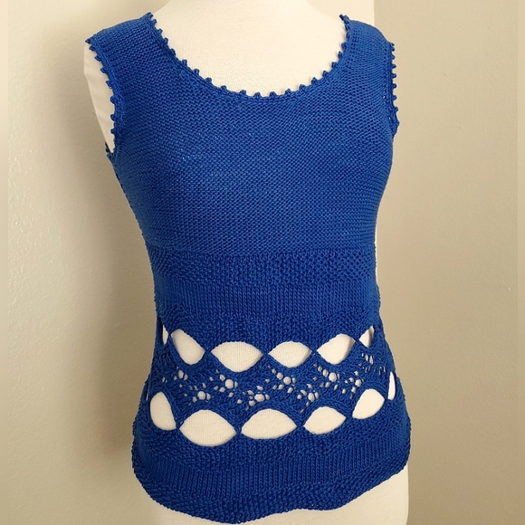 Vintage knit crochet top blue cotton cutout tank scoop neck sleeveless boho S M - Picture 12 of 16